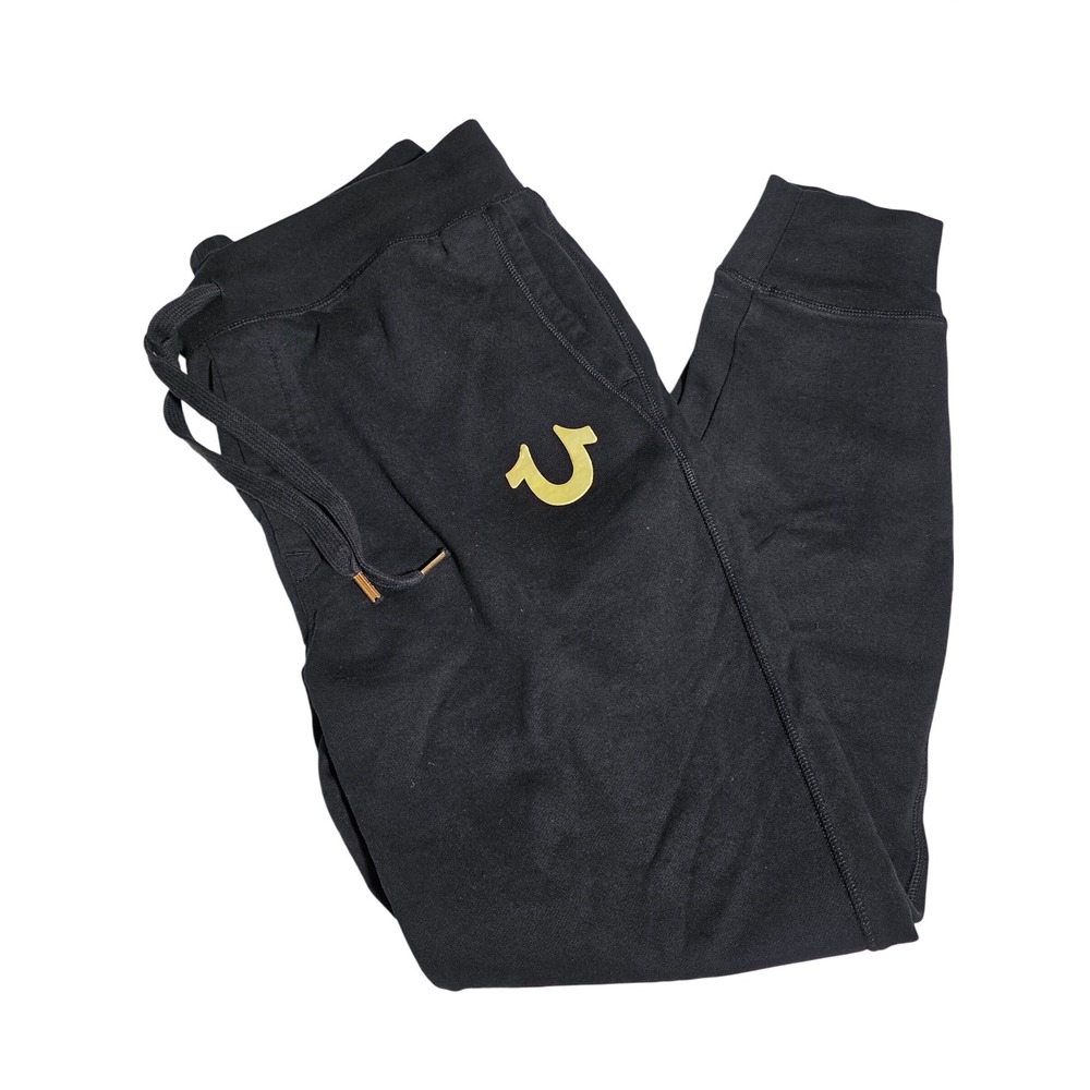True Religion Mens Black Jogger Sweatpants Yellow Horseshoe Logo Size Medium‎